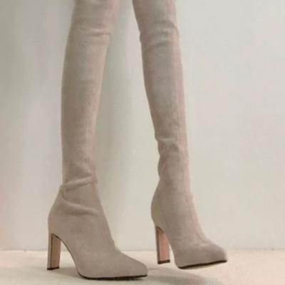 Fashion Block Heel Stretch Skinny Boots Long Boots Women's New Suede Sexy Skinny Pointed Toe Small Knee Thin Boots