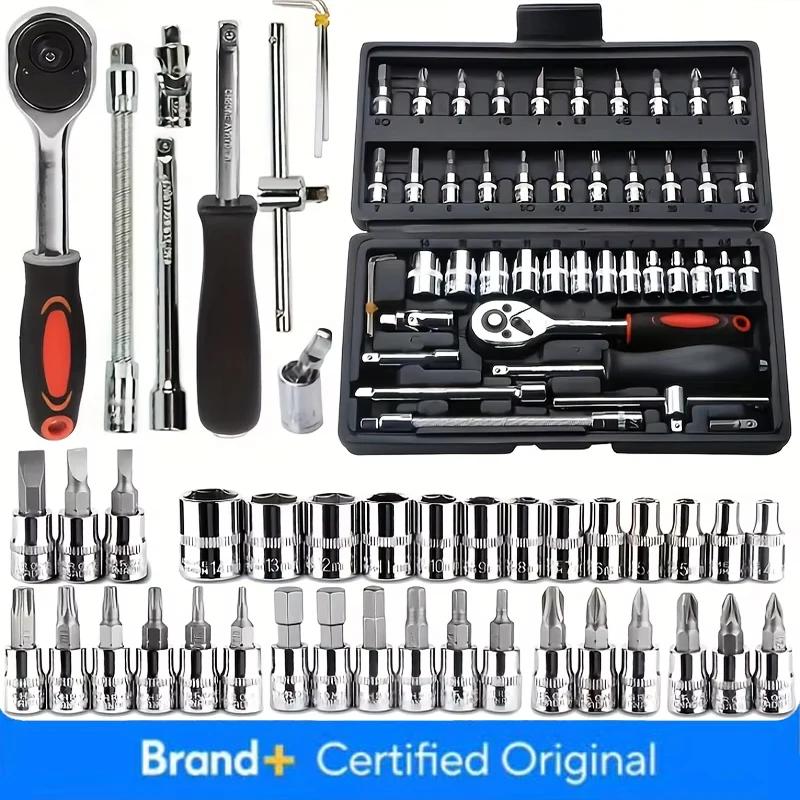 Socket Ratchet Wrench Set with Bit, Metric and Extension Bar for Auto Repairing, 46 PCs, 1/4 in Amagi