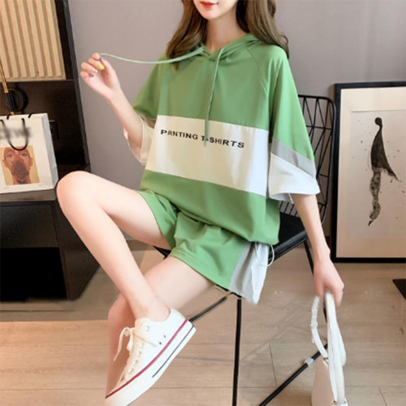 Casual Sportswear Suit Women's Summer Two-piece Short-sleeved Shorts Loose Summer Women's Stitching Hooded Set