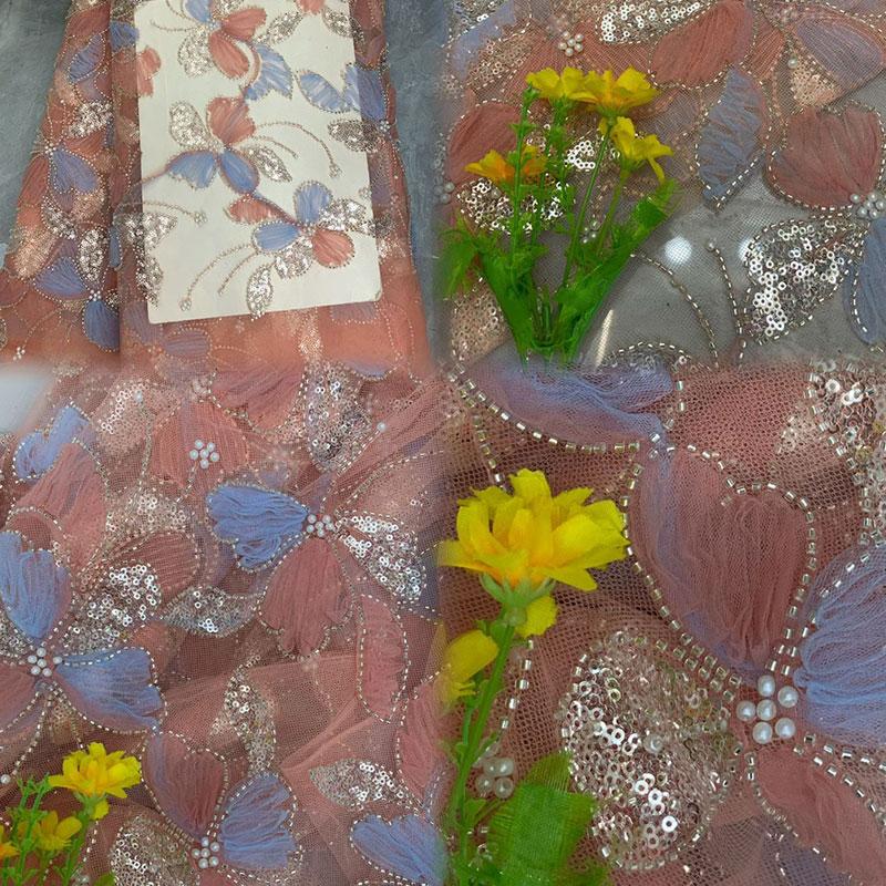 1 Yard Luxury Mesh Bead Tube Sequin Embroidery Fabric African Nigerian Tulle Fabric Diy Bridal Wedding Stage Evening Party Dress