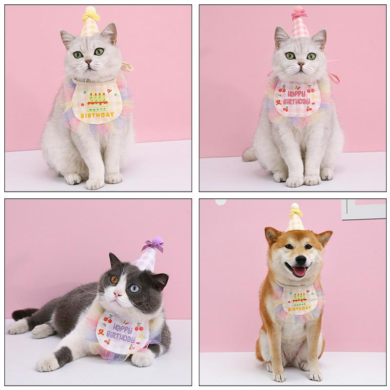 Pet Birthday Bib Party Hat Set Photo Prop Cat Puppy Lace Saliva Towel Mini Doggy Bandana Scarf Dog Birthday Dress Up Supplies