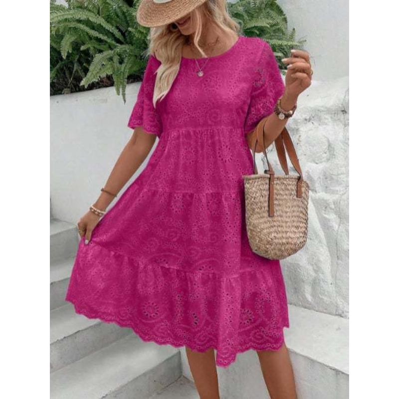 European and American fashion new wish hot sale solid color cotton embroidered lace hollow dress