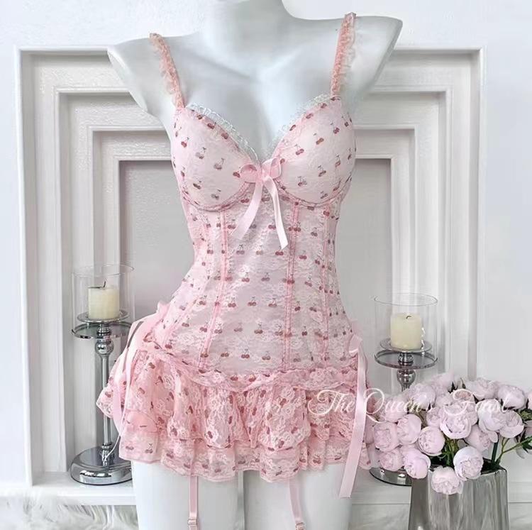 

Sexy Slim Cherry Vest Suit Women s Summer Thin Lace Bow Backless Mesh Sexy Pajamas One size fits all