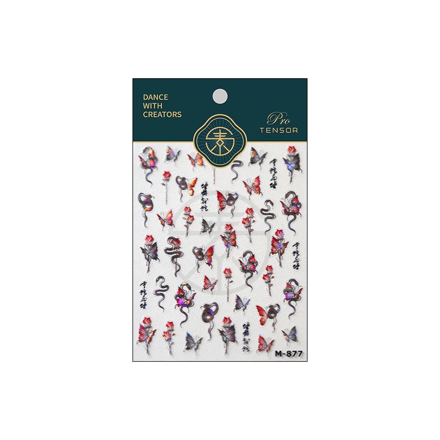 TENSOR M-877 Dunkel Schmetterling Rose Selbstklebende Nagelsticker - Heißfolienprägung Serie