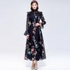 Elegant Floral Print Midi Dress for Women Stand Neck Ruffle Shoulder Flare Sleeves Button Front Waist Belt Chiffon Work Holiday Dress