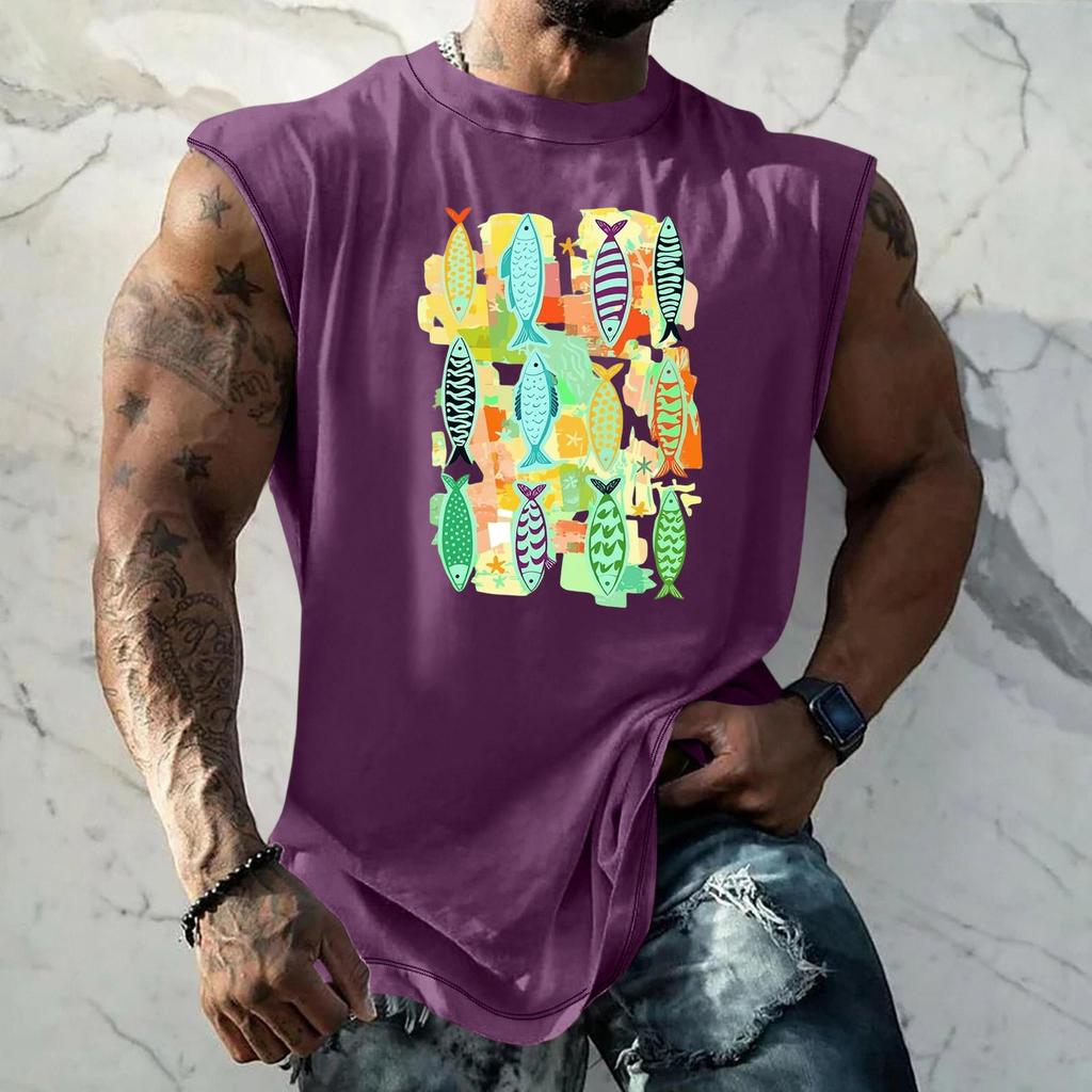 Men's Sleeveless Tank Top Loose Fit Vintage Texture Breathable Muscle Shirt Summer Streetwear Casual Daily Wear Printed Vest