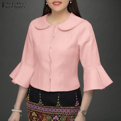 Women Autumn Lapel 3/4 Sleeve Patchwork Ruffle Shirts