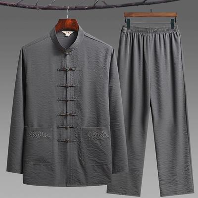Conjunto de roupas tradicionais chinesas homem outono fivela de linho camisa kung fu oriental retro calças superiores tai chi uniformes respiráveis ​​hanfu