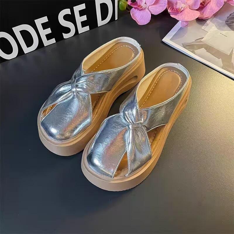 

Baotou half slippers women s summer new round head flat bottom butterfly comfortable outer wear women s sandals new 40 серебряный