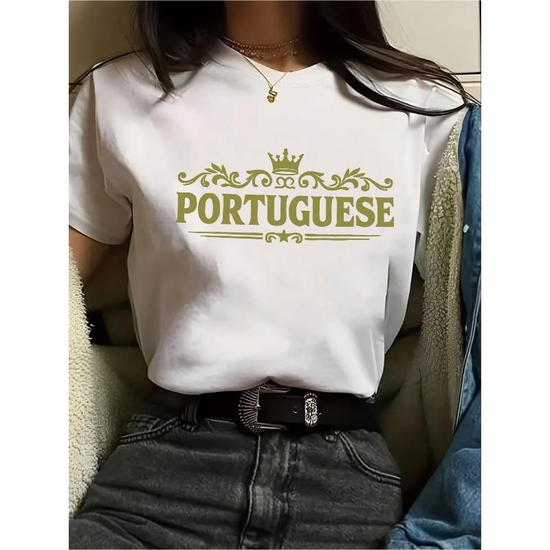

European Size Women S Y2K Style PORTUGUESE Graphic T-Shirt - Soft, Breathable, Short Sleeve, Round Neck,Casual Summer Tee with Crown & Floral Design 4XL