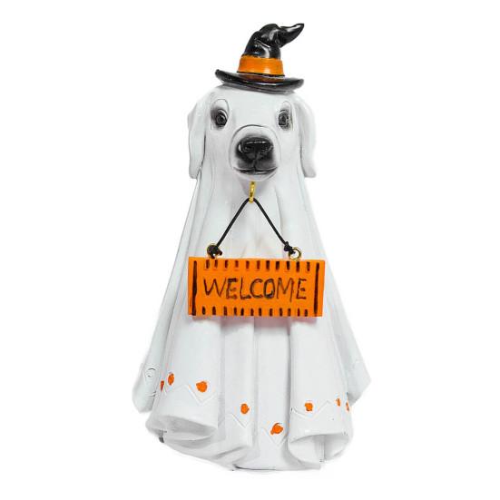 

Halloween Porch Ghost Figurine Resin Cow Goose Cat Statue with Pumpkin Bucket or Welcome Sign for Indoor Outdoor Yard Lawn Shelf Table Decor Little Dog