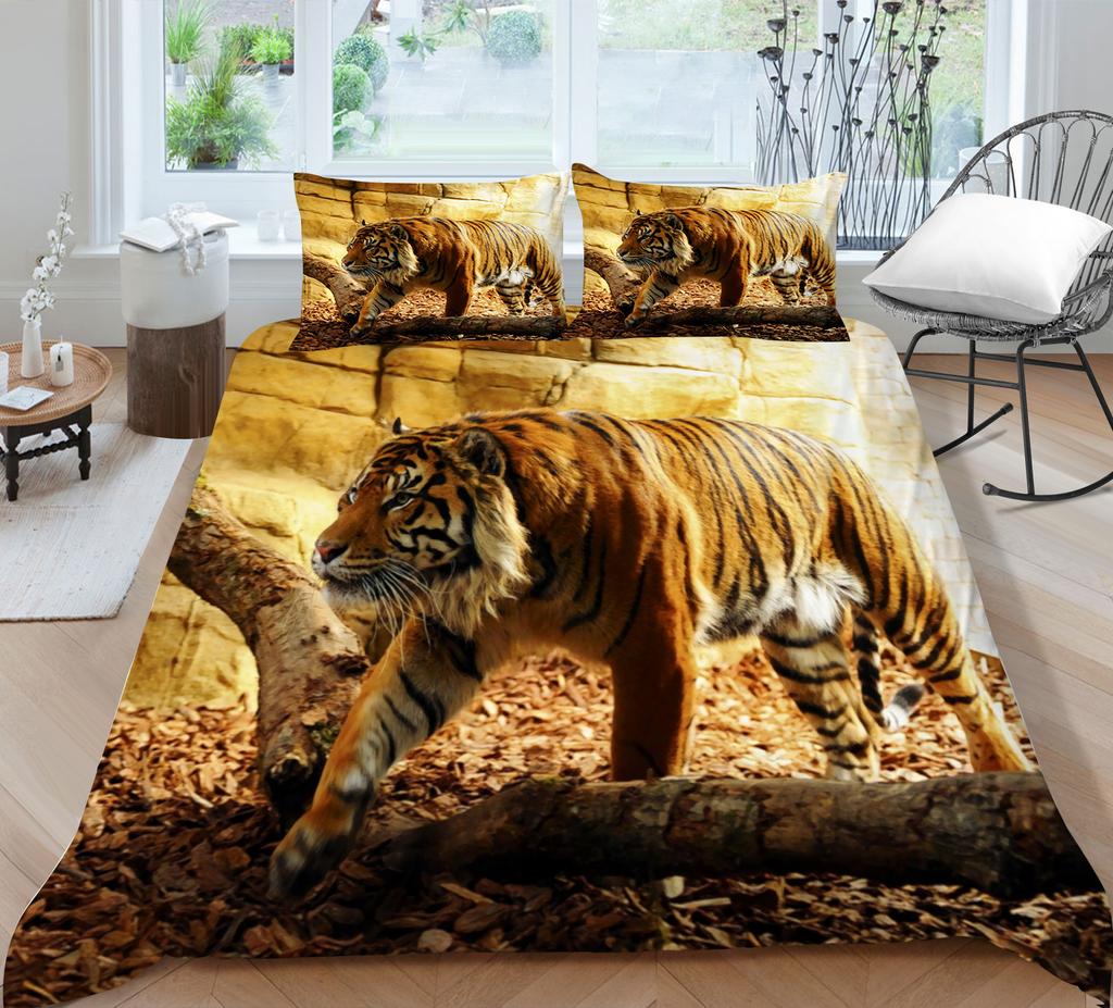 3D Tiger Pattern Luxury Home Bedding Set Full Size Quilt Cover and Pillowcase Ferocious Beast Print Washable Comfortable Bedroom Bedding