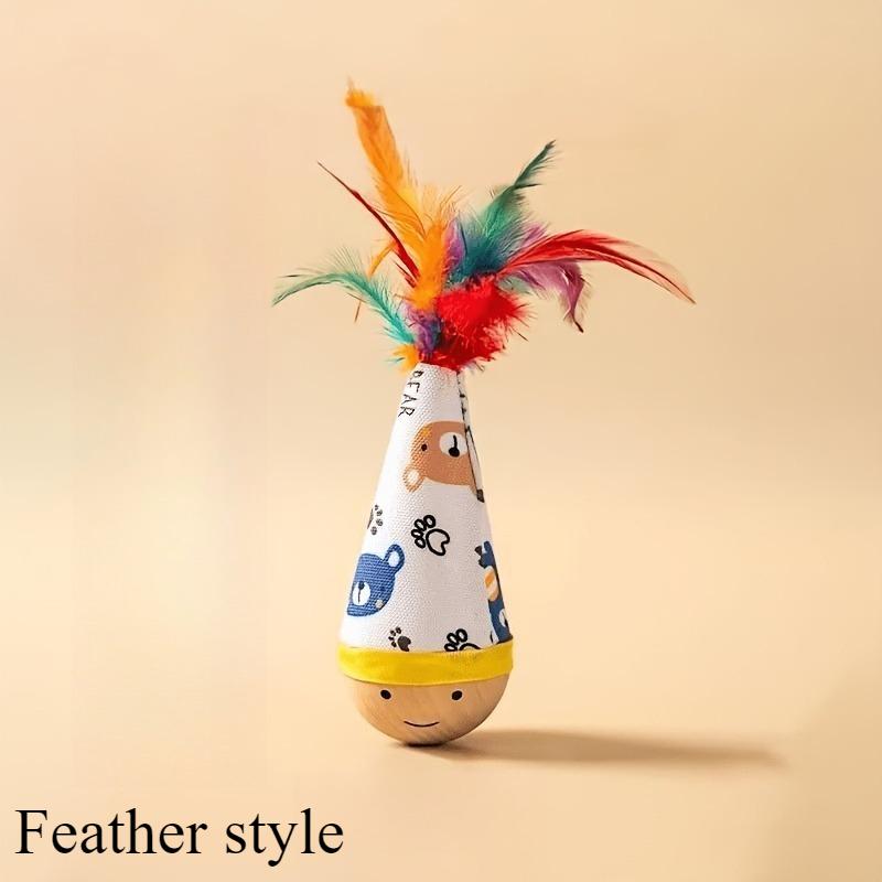 Artificial Feather Cat Wand Teaser Toy, Cartoon Printed Design with Sturdy Wooden Base, Interactive Play Accessory for Cat