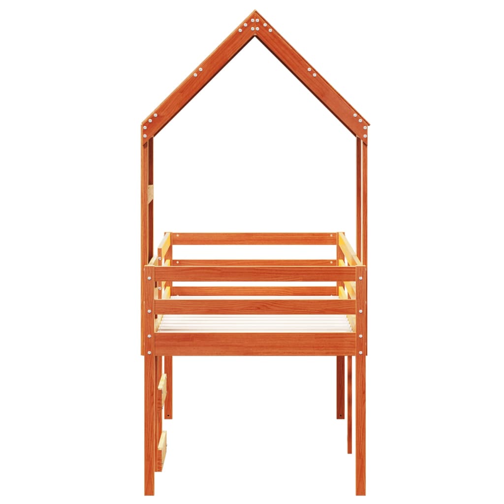 High Bed with Roof Wax Brown 90x200 cm Solid Pine Wood