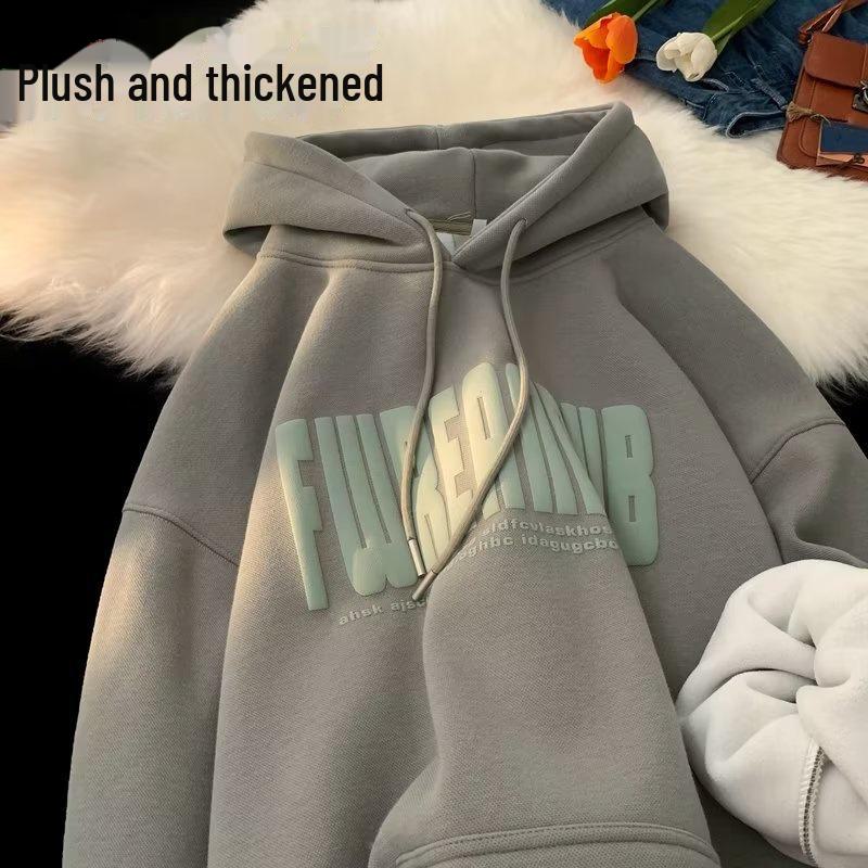 Men's Retro American Letter Hooded Sweatshirt, Thickened Casual Jacket for Autumn/Winter