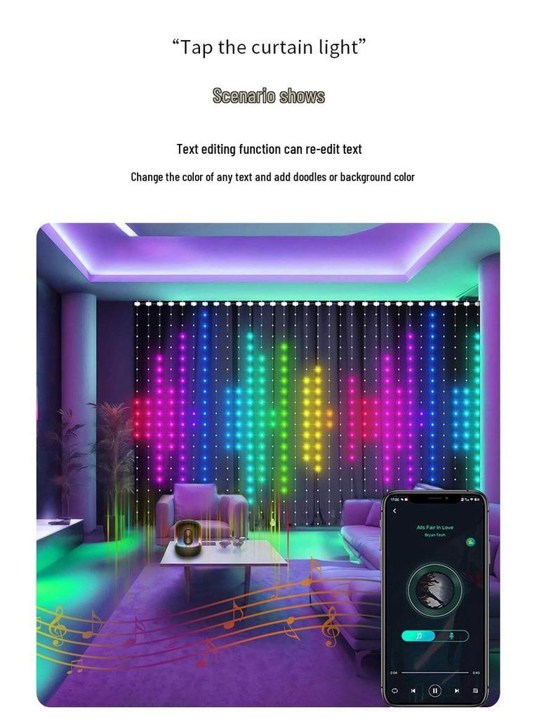 Smart LED String Curtain Lights with App-Controlled Custom Patterns and Text