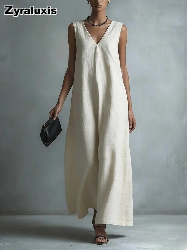 New Summer Casual Chic V-Neck Sleeveless Cotton Dress for Women