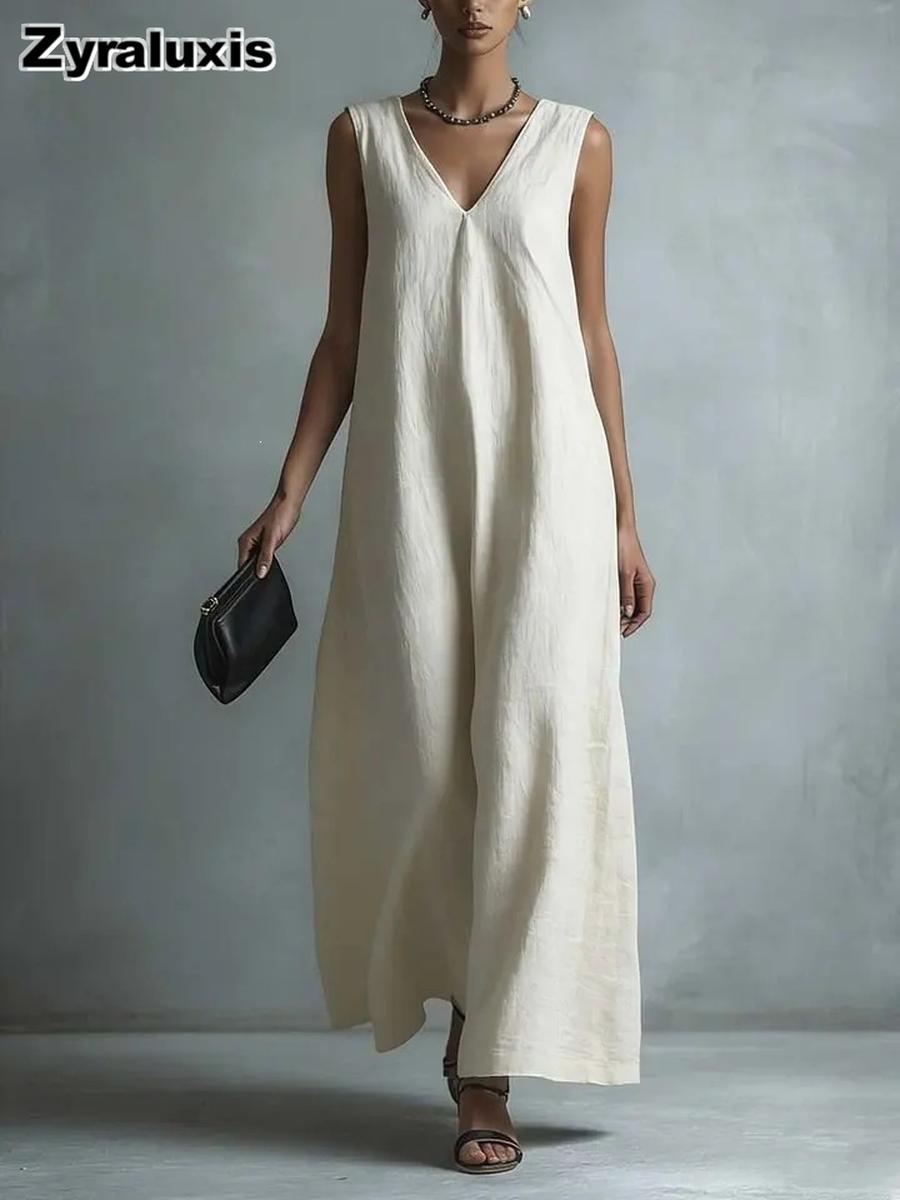 New Summer Casual Chic V-Neck Sleeveless Cotton Dress for Women S белый
