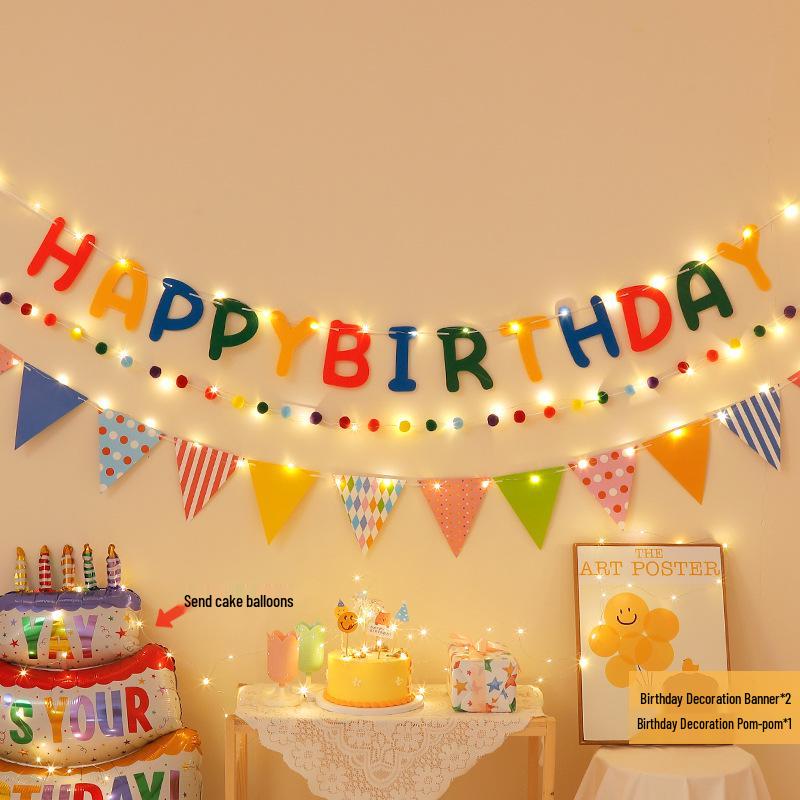 First Birthday Party Hanging Decoration: Happy Birthday Banner with Pom Poms and Bunting for Kids.