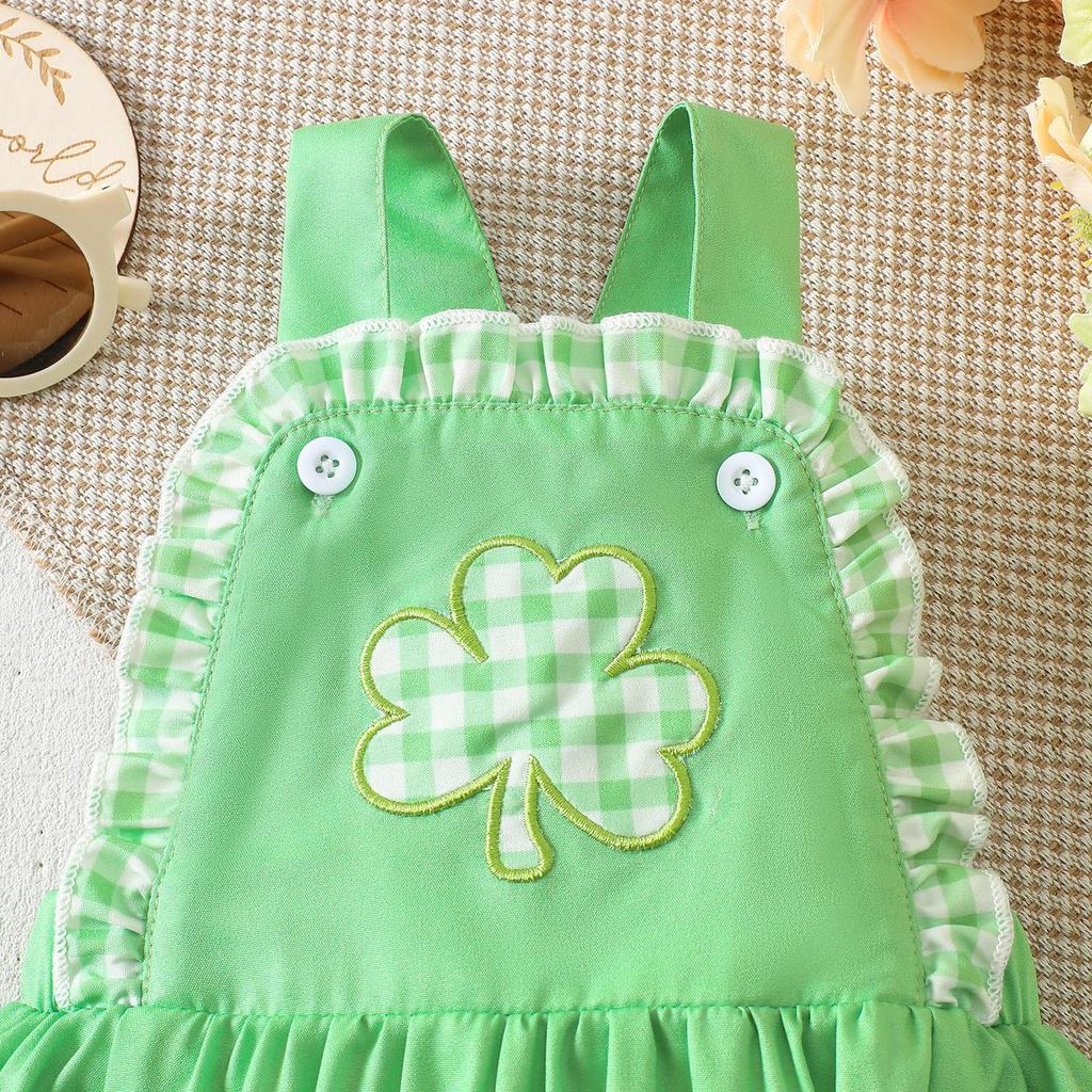 2025 Summer Infant & Toddler Lace Suspender Romper with Clover Embroidery