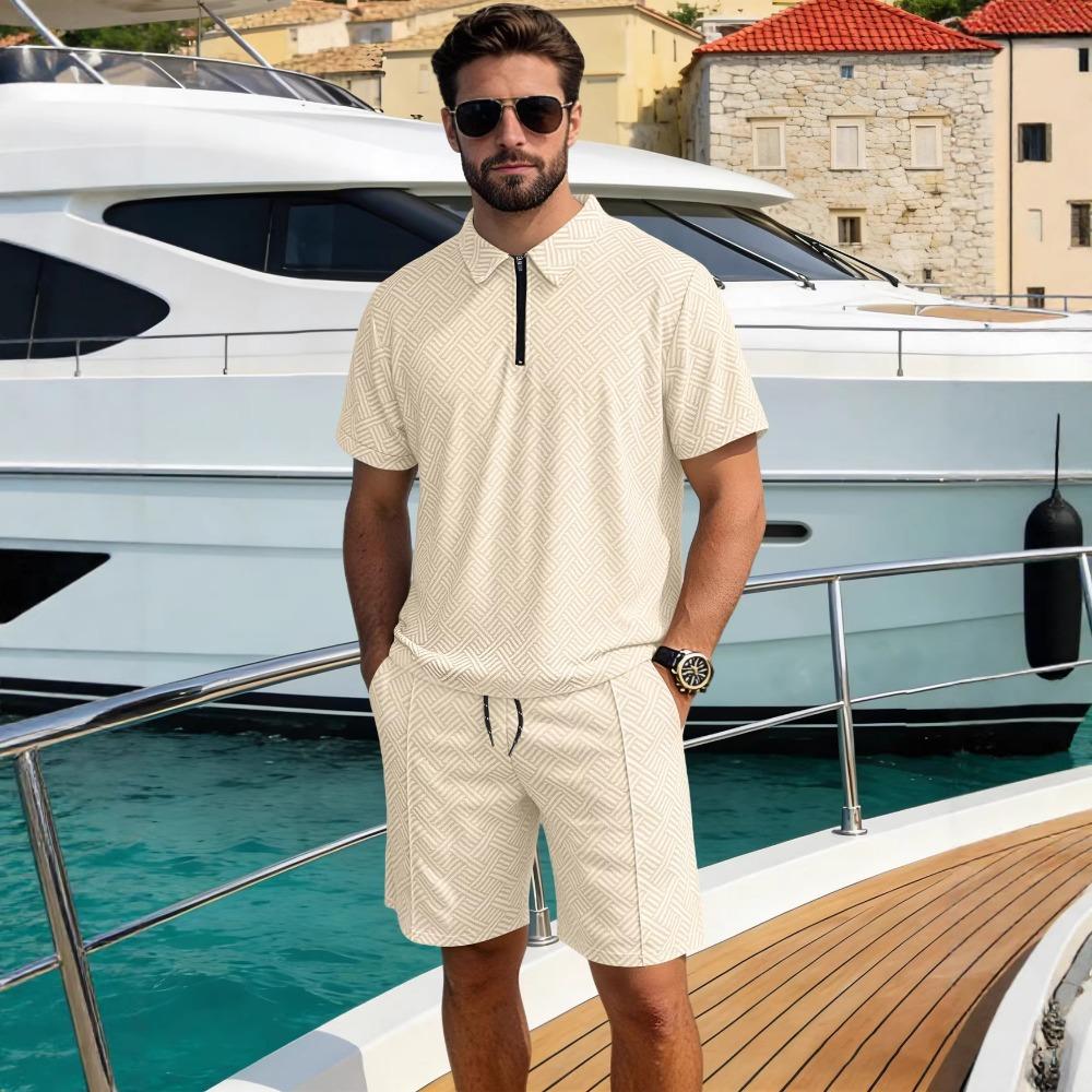 Летний Новый Мужской Хит Продаж Двусторонний На Молнии Короткий Рукав Поло Повседневный Короткий Рукав Короткие Штаны Комплект для Отпуска S хаки