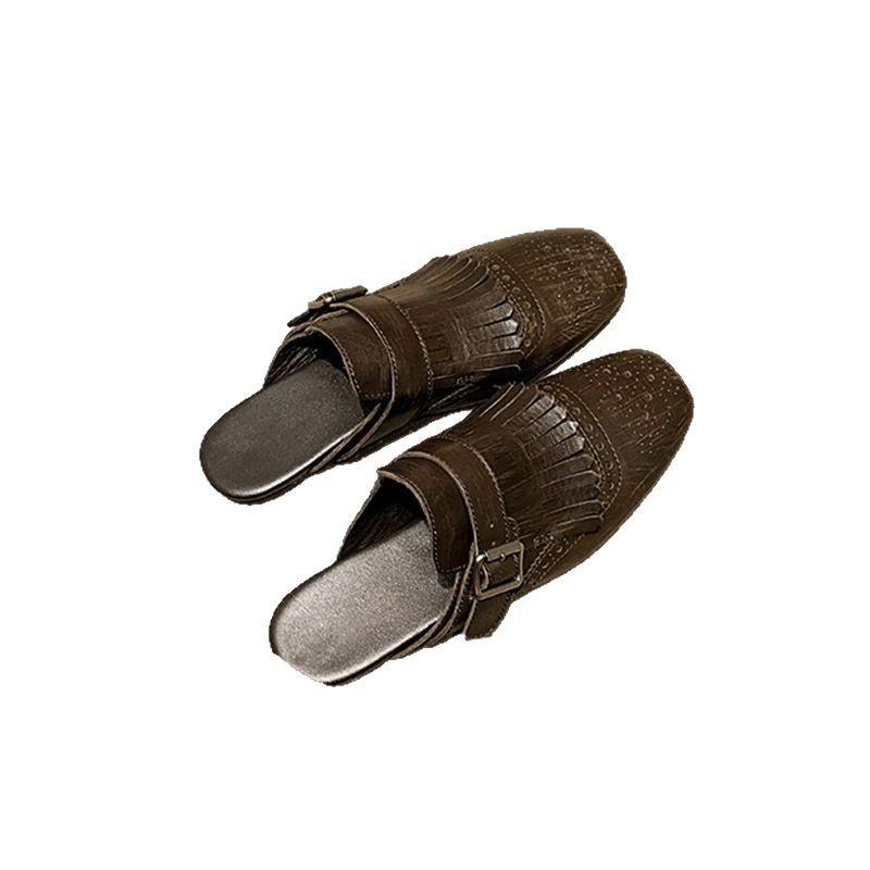 Cowhide Version Grape Mother Brock Engraved Fringed Bag Head Slippers Women's Summer Wear Flat-bottomed Retro Muller Half Slippers