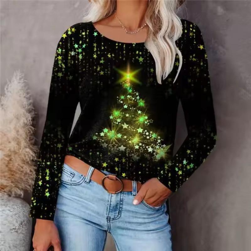 Digital Printed Christmas Women's Sportswear Round Neck Long Sleeved Loose Casual Christmas Tree T-Shirts