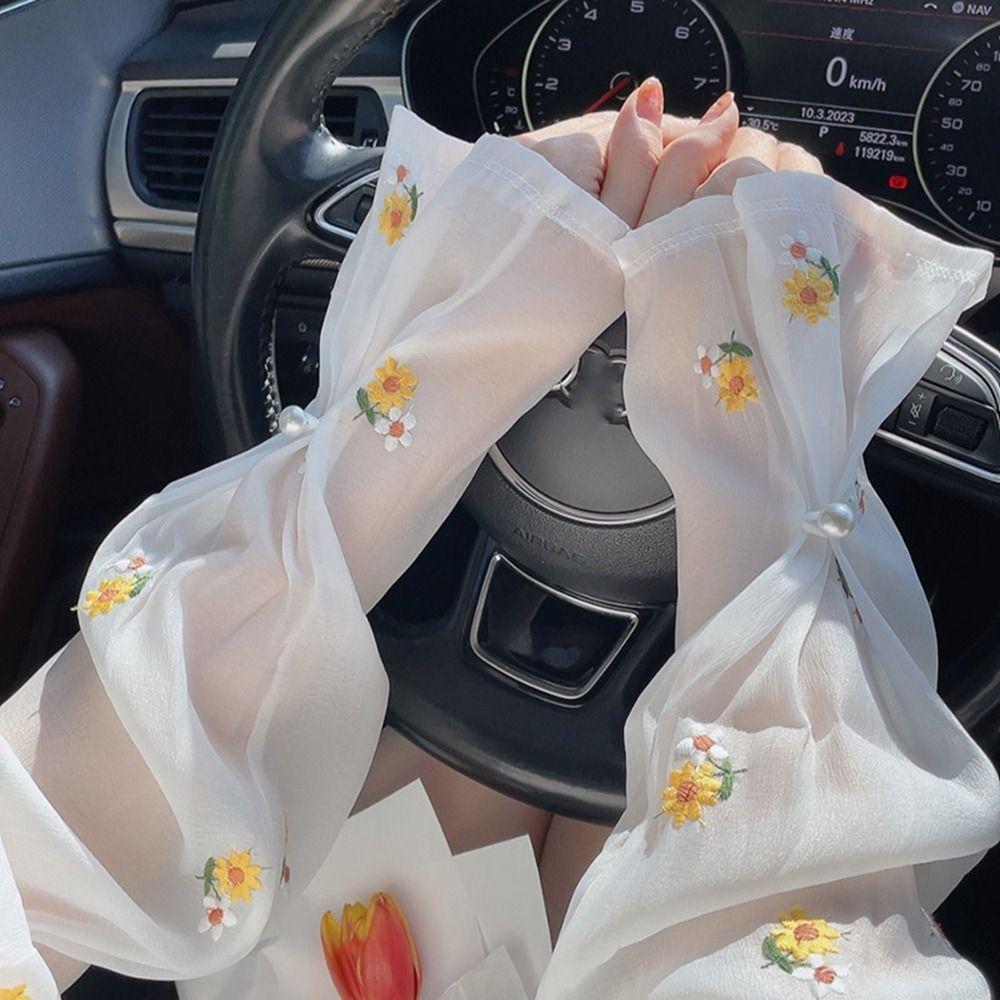 Sun Flower Embroidery Flower Ice Silk Sleeves Pearl Buckle Sunscreen Sleeve Cute   Women