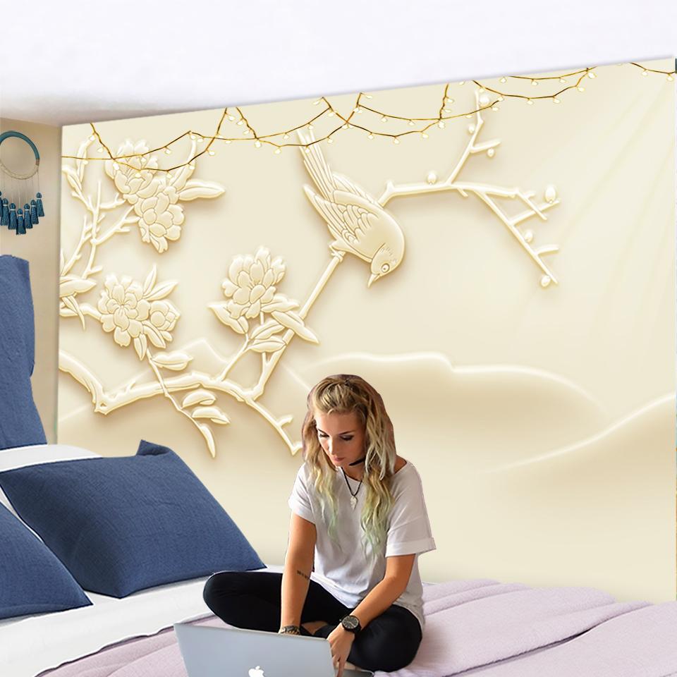 Jade Flower Bird Sculpture Tapestry Ancient Art Style Home Decor TV Background Wall Polyester Boho Decor Hippie Wall Hanging