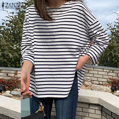 Women Loose Casual Long Sleeve O-neck Stripe Blouse Tops