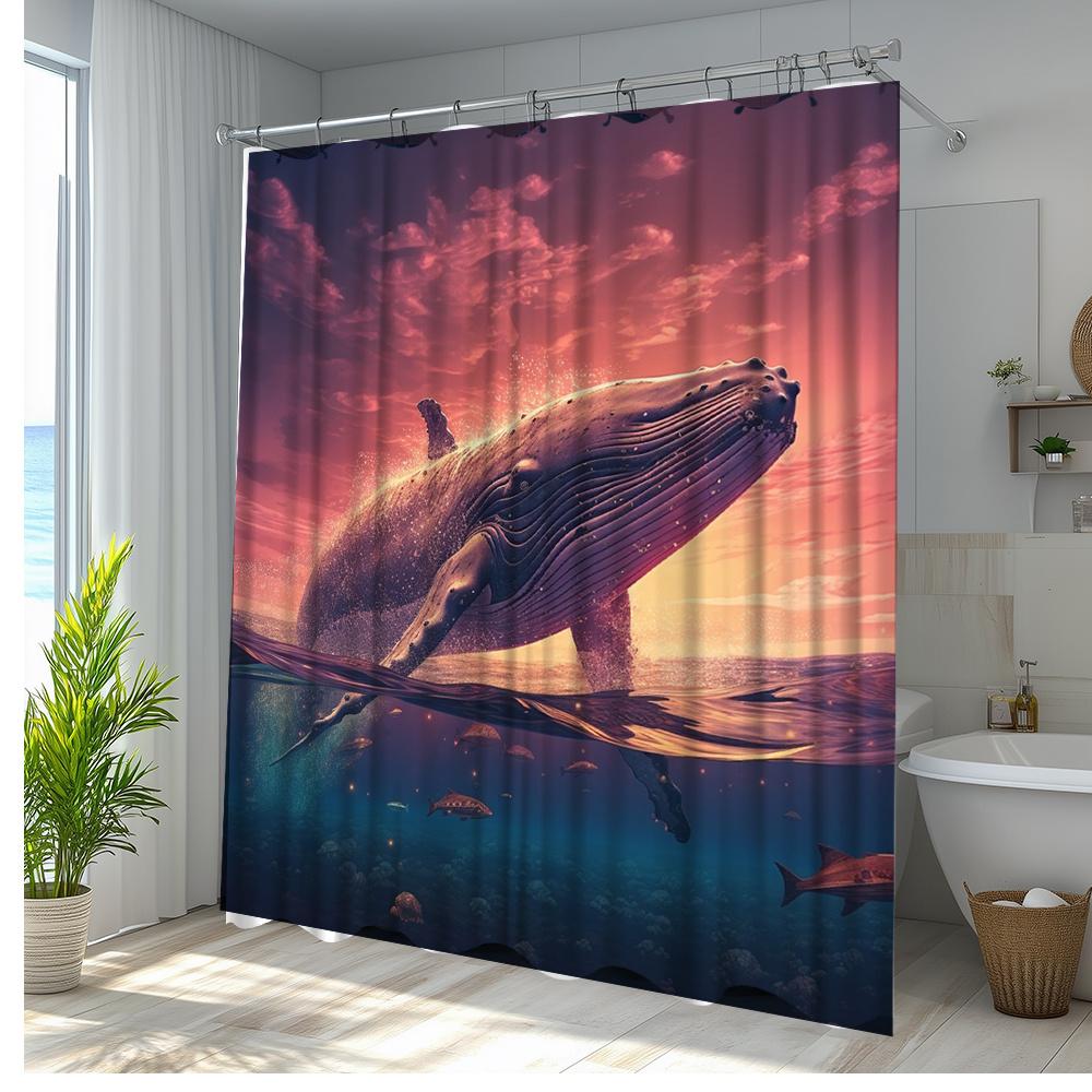 1pc Ocean Whale Shower Curtain - Vibrant Underwater Scene with Majestic Whale & Fish Design, Sunset Sky & Oceanic Theme, Durable 90x180cm