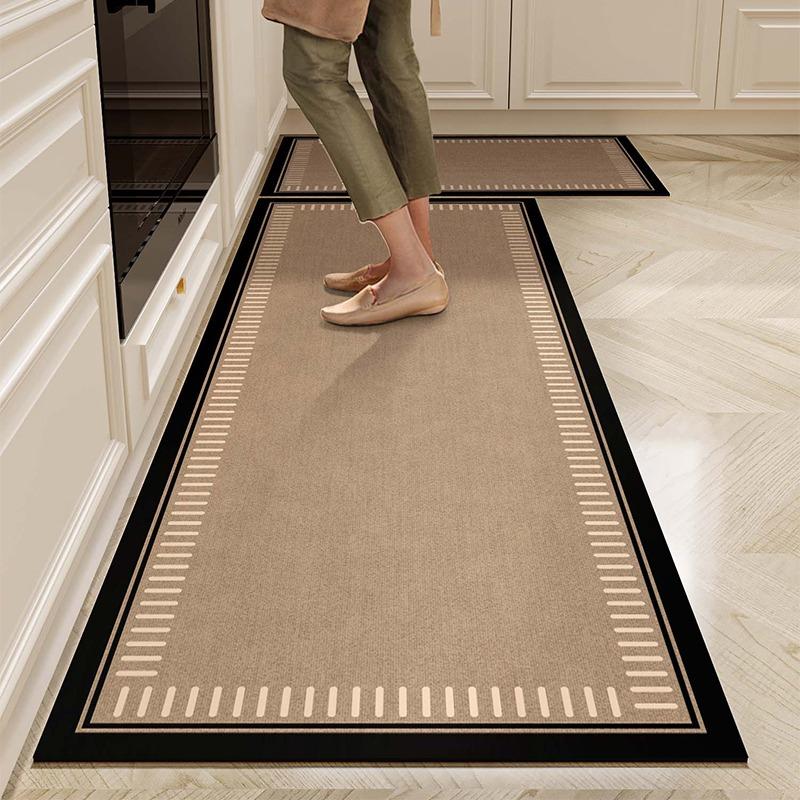 Wasserdichte Teppichbodenmatte für die Küche, Bodenmatte aus PVC-Leder, Lange Teppiche, Rutschfeste Fußmatten, Beige, Minimalistischer Stil, Heimdeko-Teppich