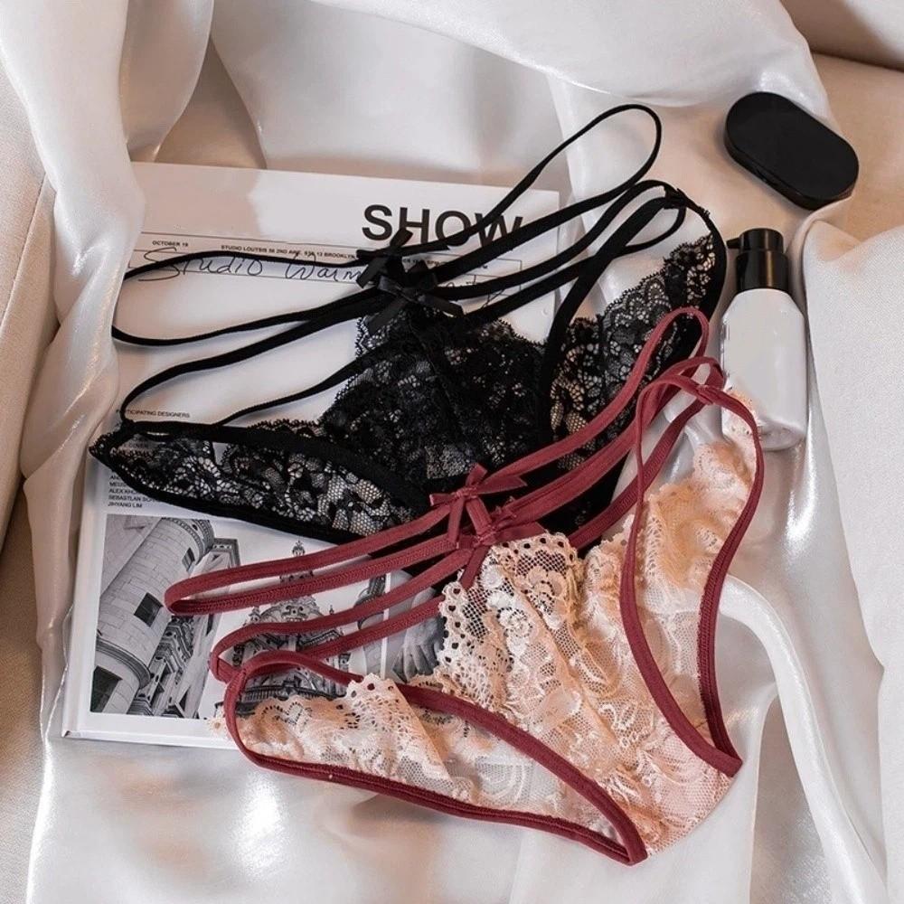 Mesh Lace Briefs Mid Waist Lace  Flower Panties Thin Belt Underwear for Women  Summer