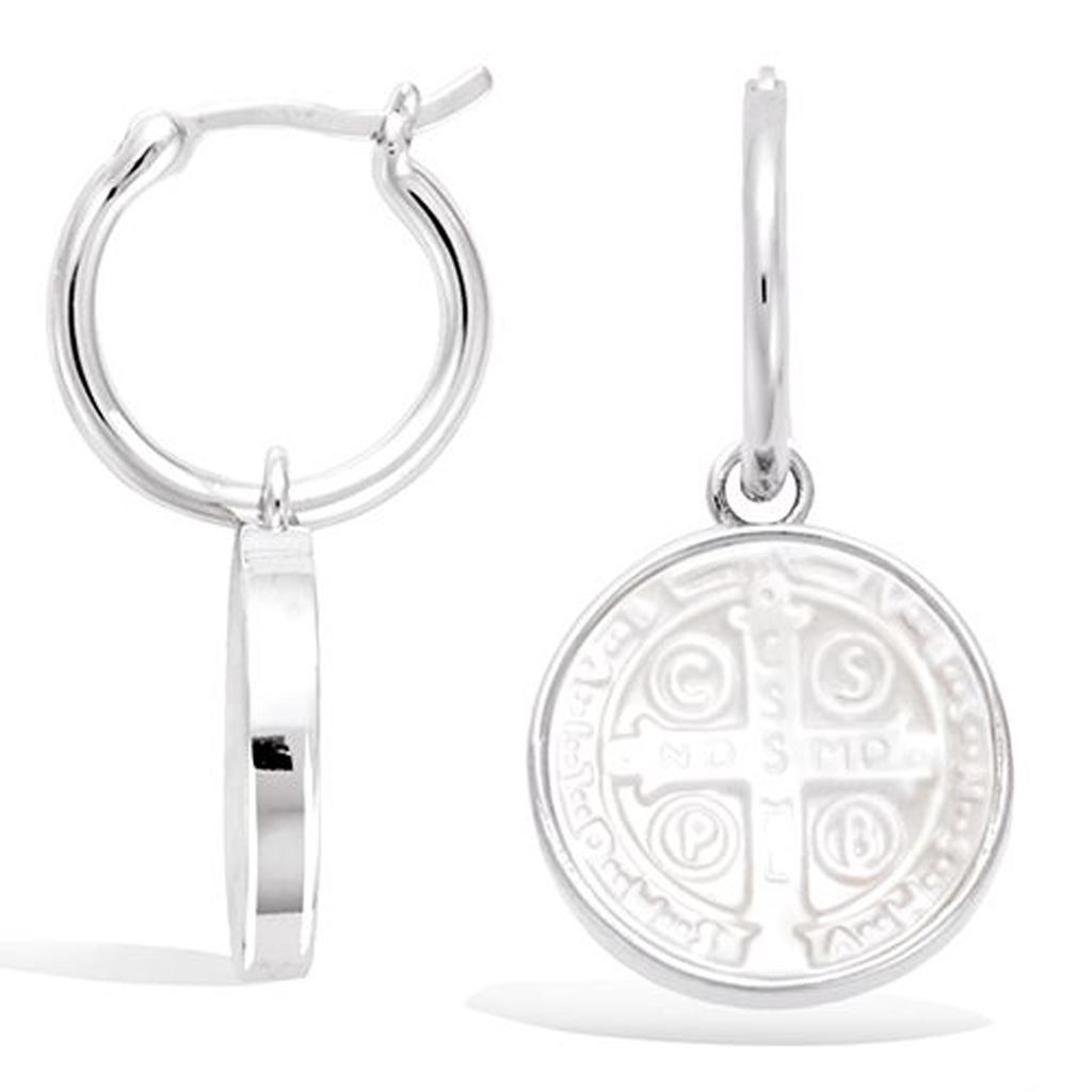 Les Trésors De Lily [R5674] - Stříbrné kruhové náušnice 'Cross of Saint-Benoit' stříbrné perleťové (rhodium) - 14mm 15mm