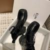 Krazing Pot Cow Leather Winter Shoes Thick Med Heels Handsome Lace Up British School Platform Women  Ankle Boots