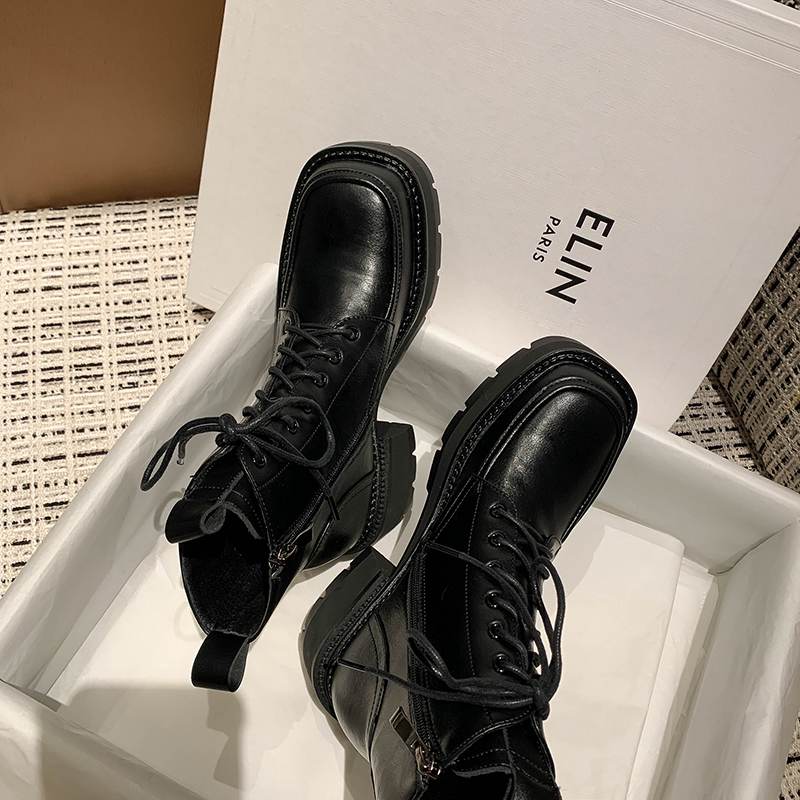 Krazing Pot Cow Leather Winter Shoes Thick Med Heels Handsome Lace Up British School Platform Women Ankle Boots