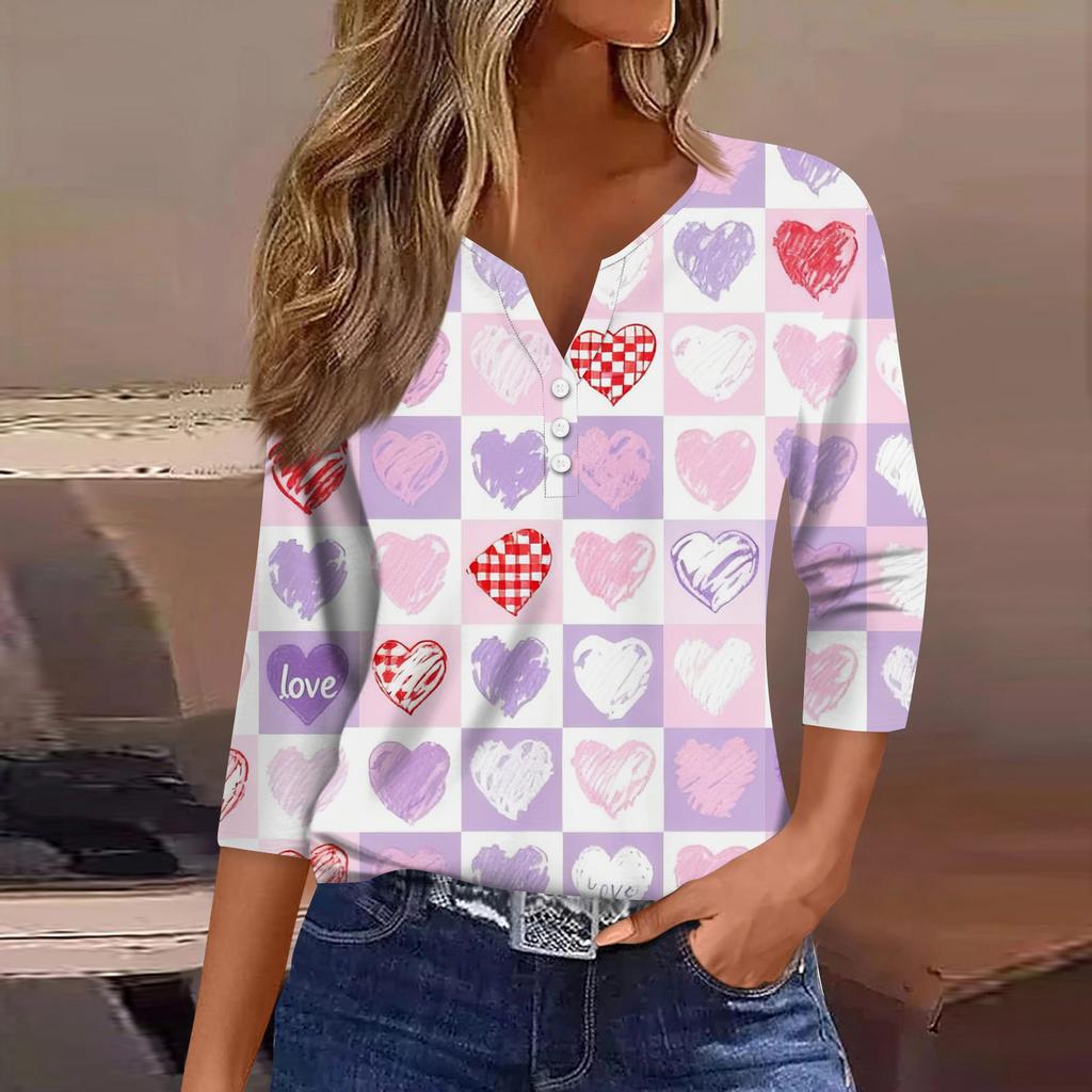 Women's Fashion Button-Up V-Neck Three-Quarter Sleeve Valentine's Day Print Top