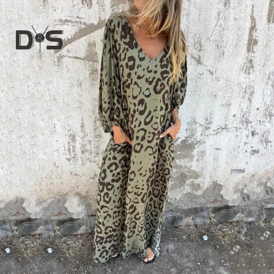 Women's Leopard Print Dress V-Neck Long Sleeve Maxi Dress Casual Loose Fit Spring Summer Dress for Office Daily Wear Vacation Party