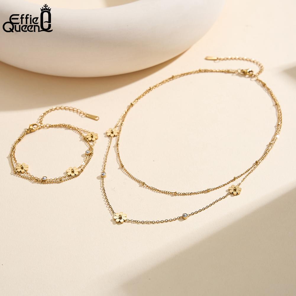 EFFIE QUEEN Stainless Steel CZ Flower Pendant Double-Layer Necklace Women's Unique Collarbone Chain Jewellery Creative STKN30
