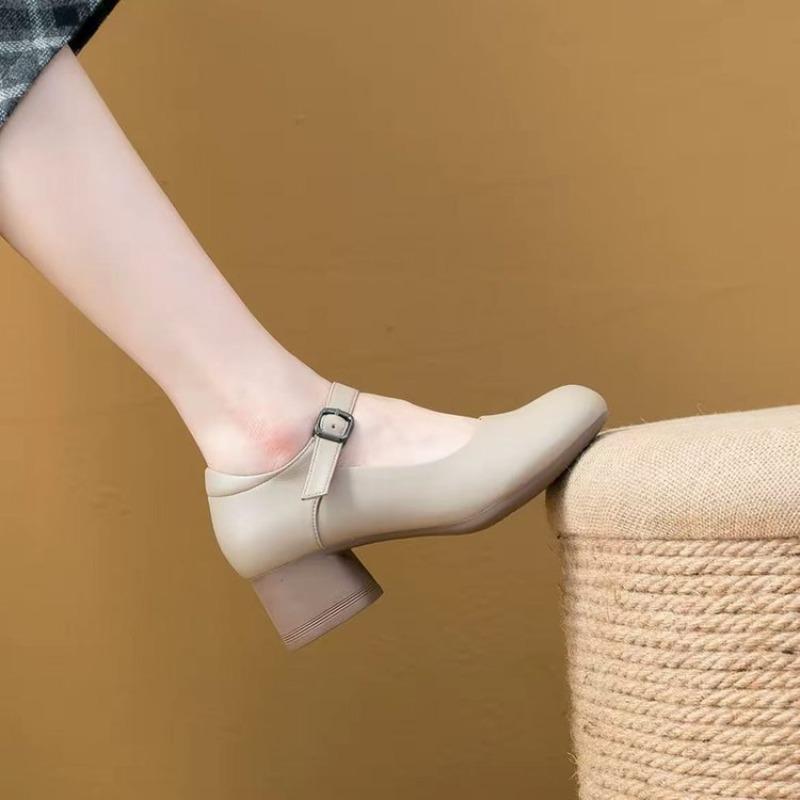 Soft dough thick heel single shoes women's spring and autumn new one-word buckle with round head dancing small leather shoes women