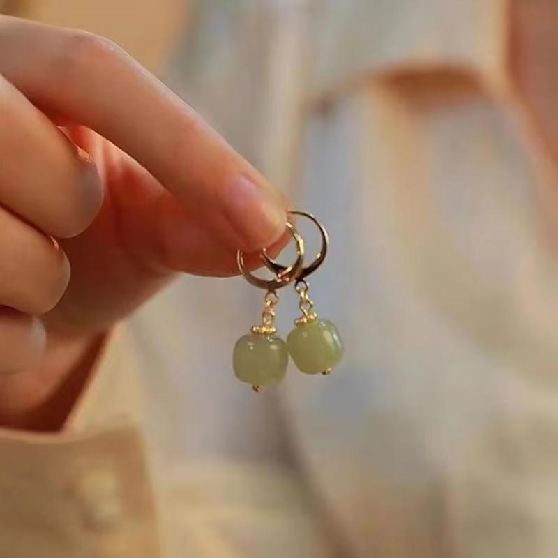 PANJBJ 925 Sterling Silver Rose Hotan Jade Earring for Women Girl Ethnic Style Versatile Temperament Jewelry Gift Dropshipping