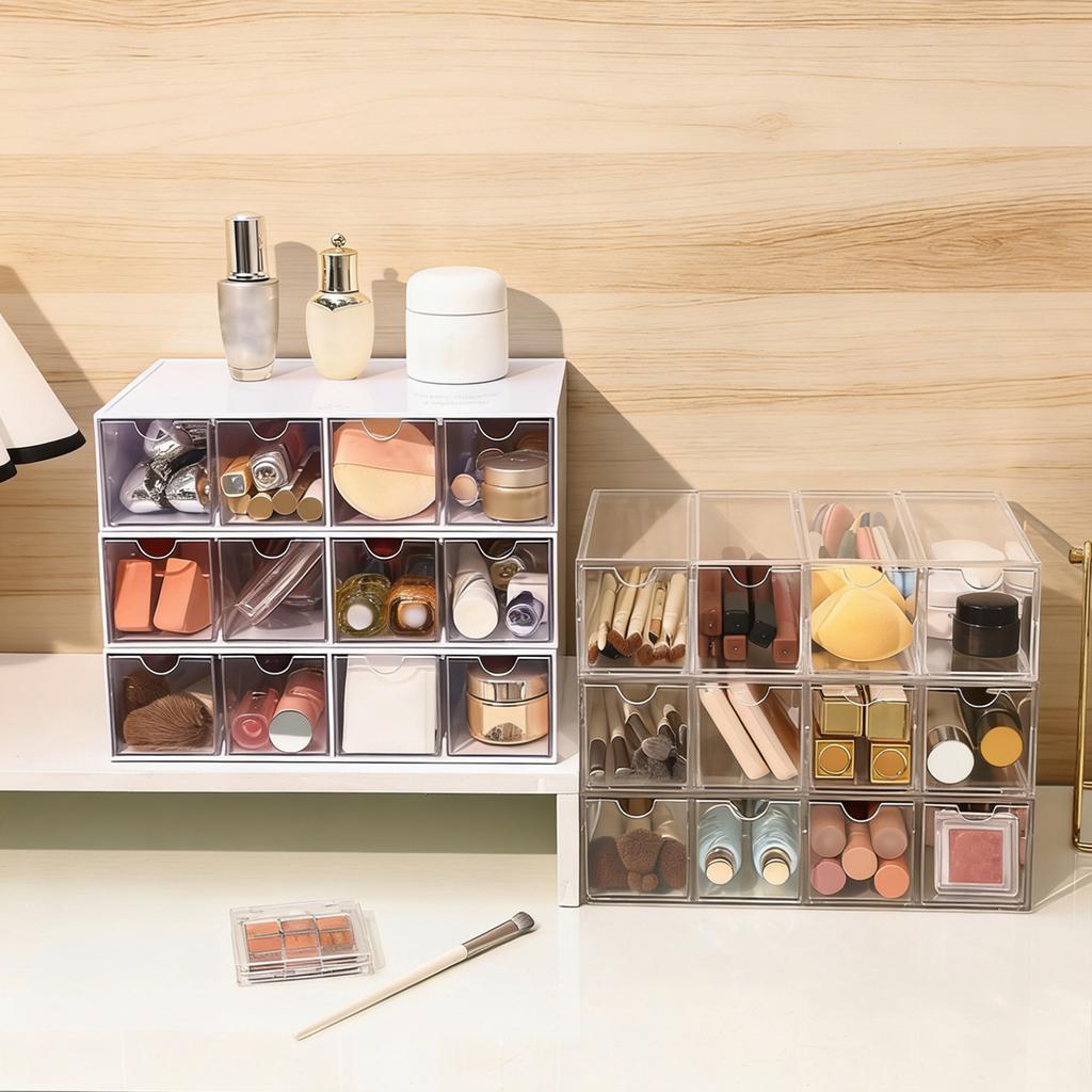 1 Stück einlagig vier Fächer transparent/weiß Acryl Kosmetik Aufbewahrungsbox, stapelbare Schubladen-Stil Schminktisch Display Box