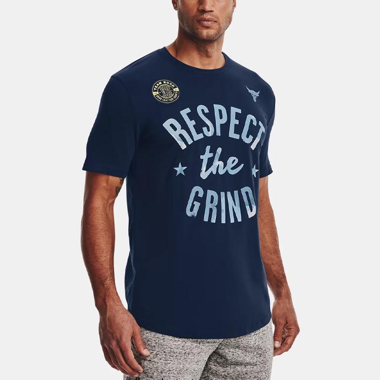 Under Armour Project Rock The Grind Letter Print American Vintage Crew Neck T-Shirt Men Tops College-Blue 1370479-408