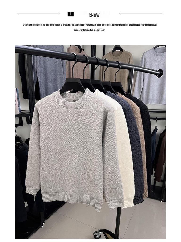 Woodpecker Men's Plus Velvet Thick Knit Sweater - Autumn/Winter Round Neck Long Sleeve Sable Velvet Warm Base Layer.