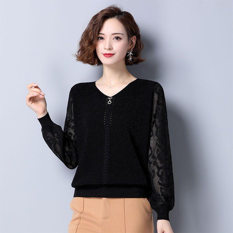 V-neck Sweater for Women Stylish Thin Knitted Sweater Solid Color Casual Pullover Top Loose Autumn Sweater