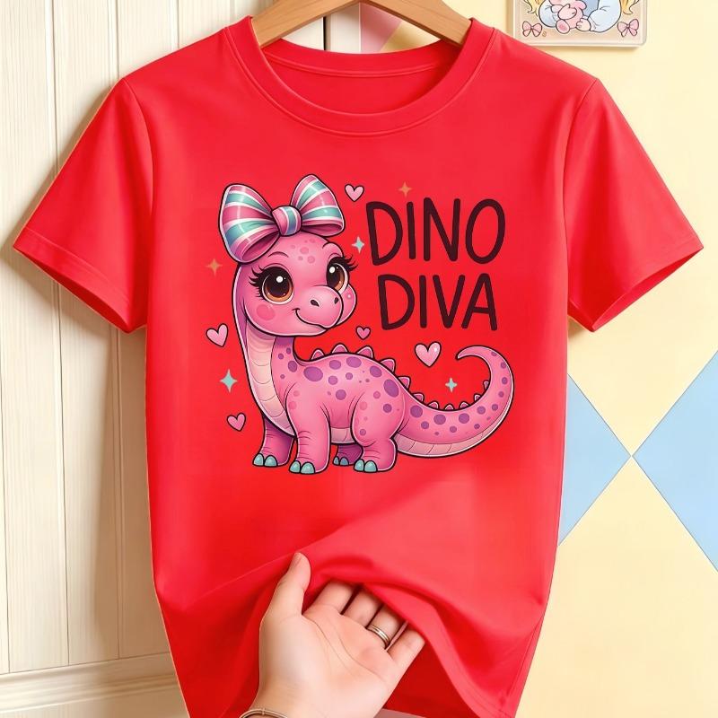 Kids Pink Dinosaur Princess Bow Graphic Crewneck Short Sleeve Tee