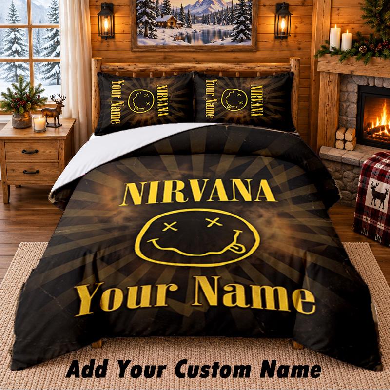 Nirvana Pattern Bedding 3Pcs Set Custom Name, Bed Sheet And Pillowcases For Home Bedroom