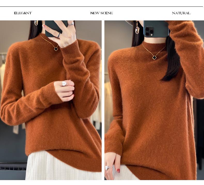 Women's Pure Wool Ribbed Sweater - Autumn/Winter Loose Fit Semi-High Neck Pullover