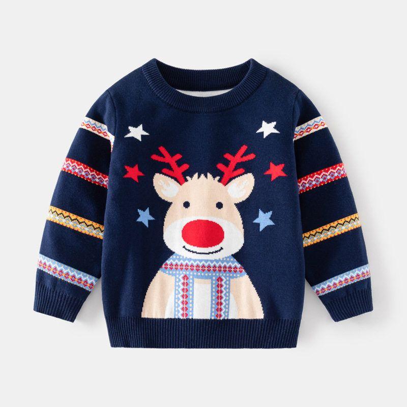 Children's Clothing Boys' Christmas Reindeer Pullover Sweater Autumn and Winter Kidsren's Striped Sleeve Knitwear Baby Star Sweater
