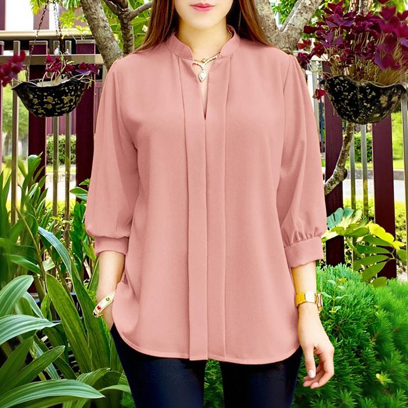

ZANZEA Women Turn Down Collar Loose Solid Color 3/4 Sleeve Blouse S рожевий